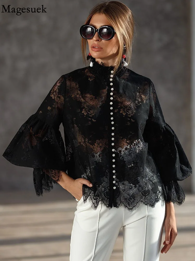 

Sexy Stand Collar Floral Shirts Elegant Long Flare Sleeve Lace Blouse Women 2022 Black Vintage White Women Tops Blusas 22120