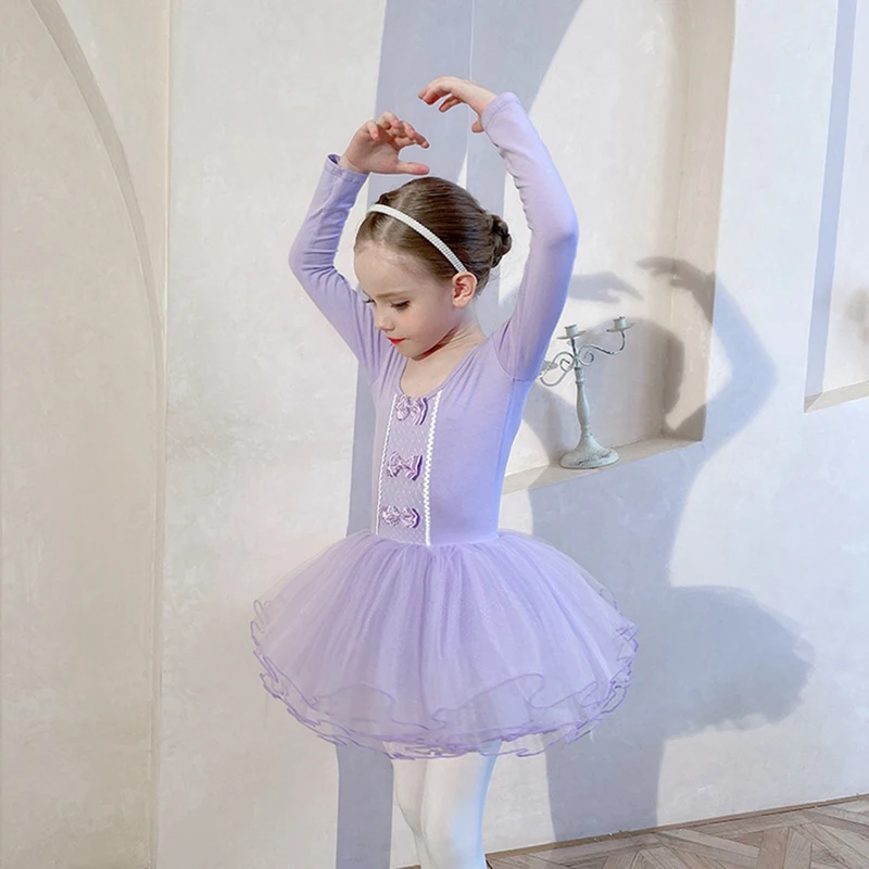 Ballet Leotard Dress for Girls Long Sleeves Children's Training Skirt Kids Costume Leotard For Gymnastics Tutu Dance Clothes