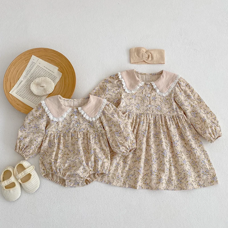 

2023 Spring Girls Sister Clothes Toddler Baby Rompers Princess Children Girls Infant Long Sleeves Floral Printed Dresses Clothes
