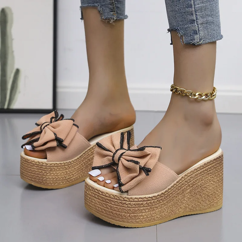 

Hot New 2022 Summer New Fashion Large Size T Sweet Bow Wedge Heel Thick Bottom Color Matching Word Sandals Women Sale