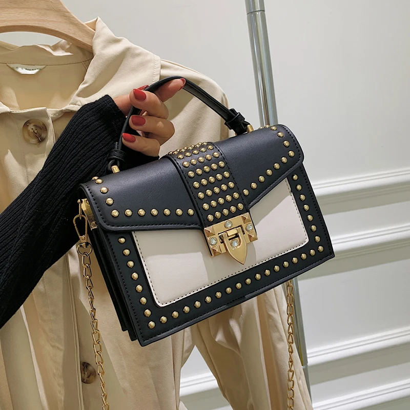 

Rivet Chain Crossbody Bag For Women 2022 Designer Luxury Handbags Contrast Color Shoulder Bag Fashion Pu Leather Ladies Bag Tote