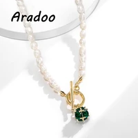 aradoo retro style natural freshwater pearl necklace inlaid emerald pendant simple fashion necklace