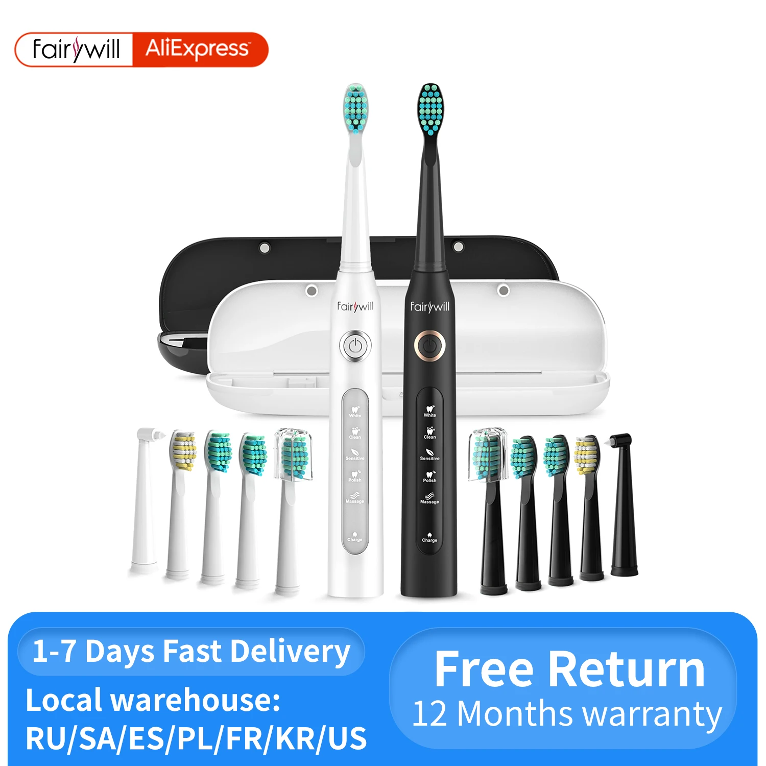 Fairywill FW-507 Sonic Electric Toothbrush 5 Modes USB Charger Tooth Brushes Replacement Timer Sonic Toothbrush 8 Brush Heads