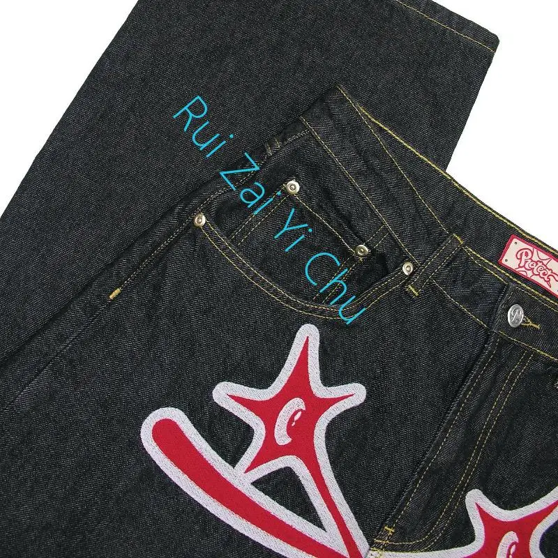 New Harajuku Style Retro Straight Casual Wide-Leg Pants Couple Loose High-Waisted Jeans Street Pop Gothic Print Jeans Women Y2K