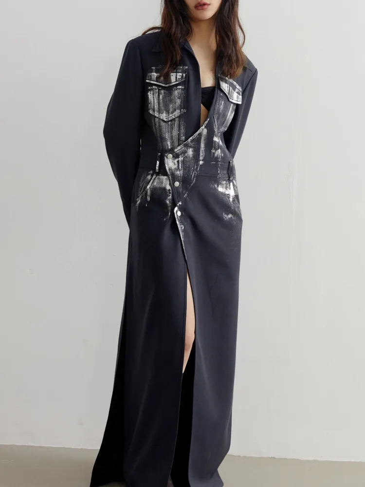 Женский блейзер BZVW свободный дизайнерский Длинный темно-синего цвета модель 1df6138