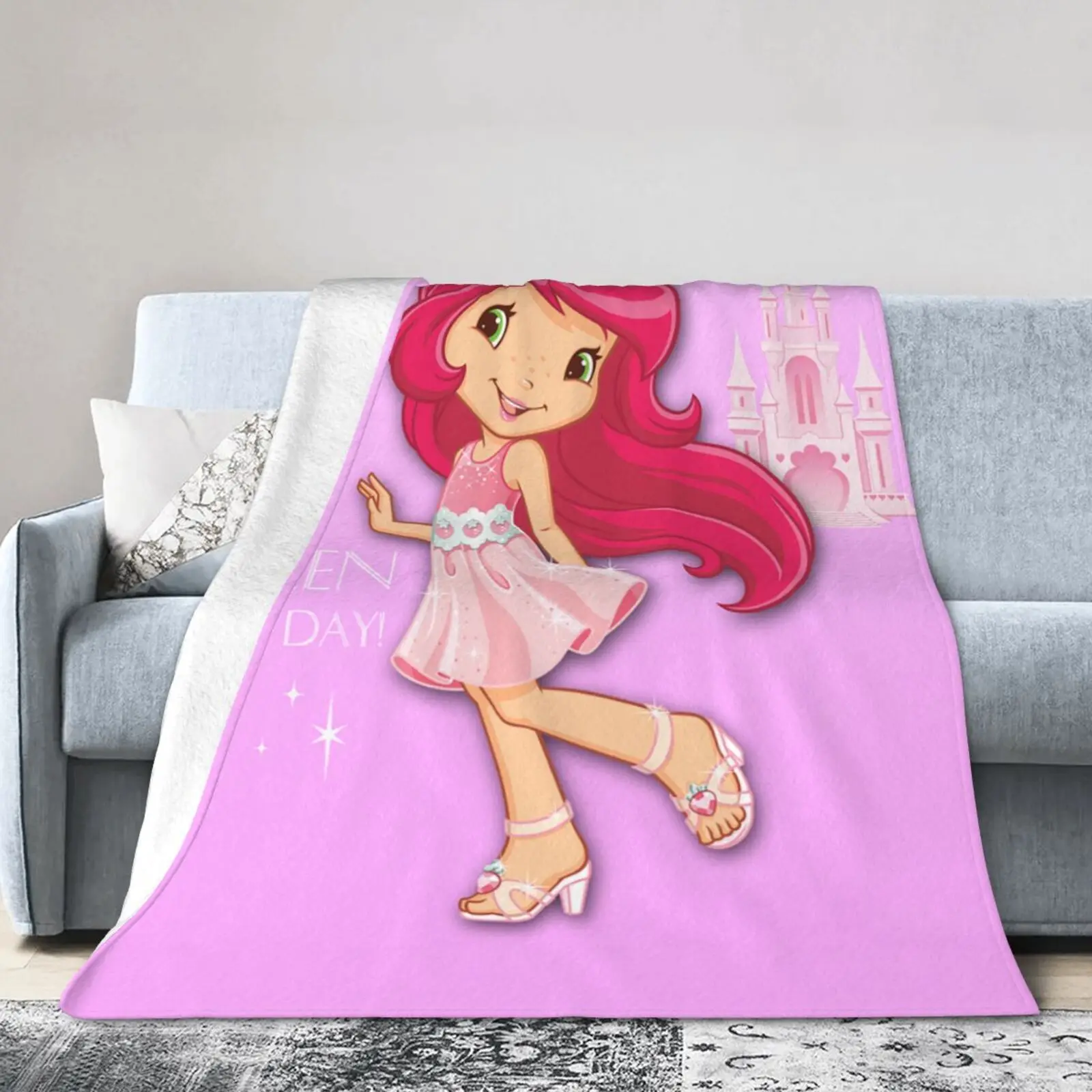 

Queen Strawberry Girl Flannel Throw Blanket Christmas Home Holiday Couch Bed Single Side Printed 80x60 Inch Portable Picnic