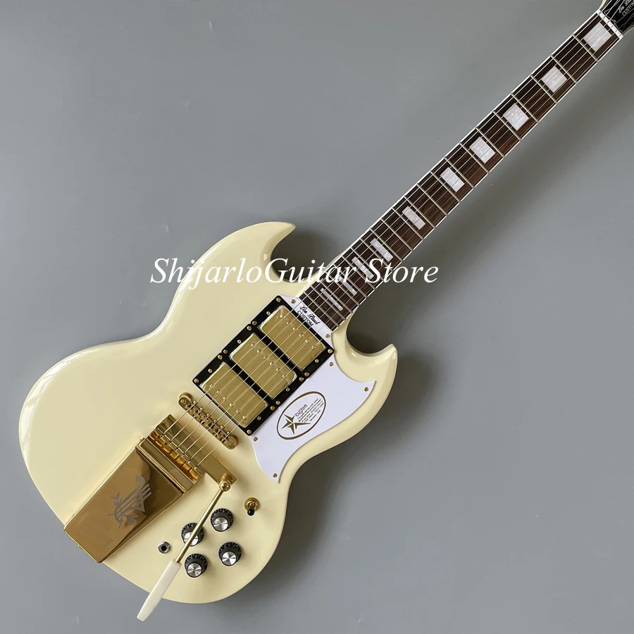 

Customized SG electric guitar, cream color body and neck, cream finish, rosewood fingerboard, jazz tremolo system, free shipping
