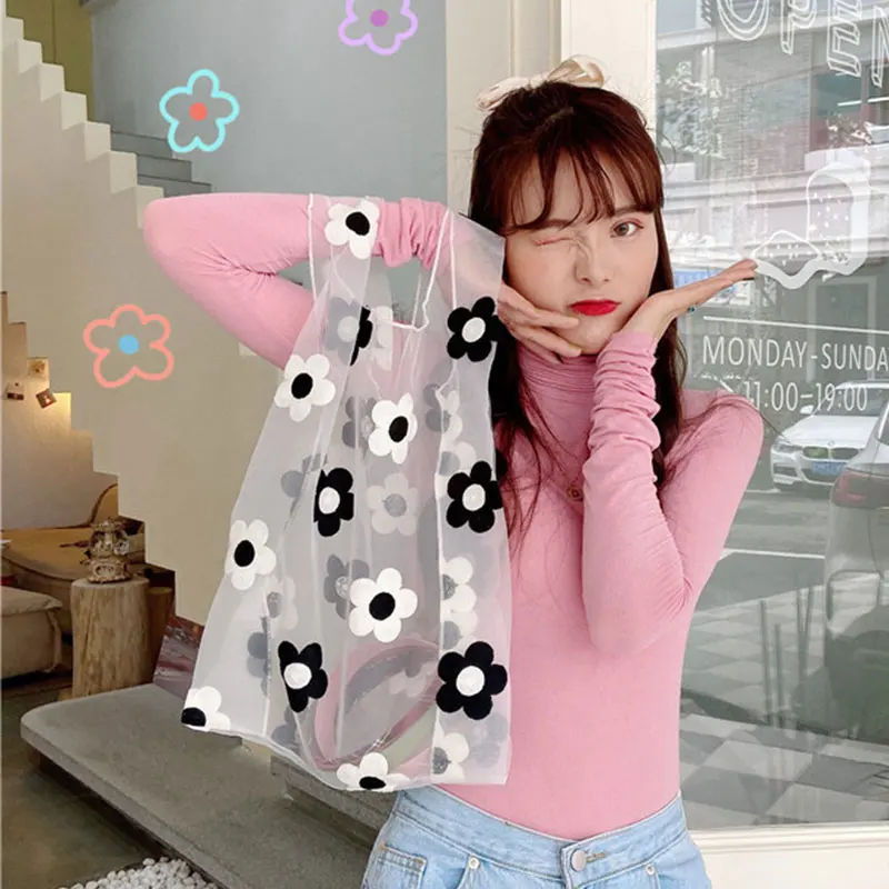 

New Women Korean Style Organza Shopping Bag Black White Flowers Embroidery Hand Bag Daisy Casual Lace Mesh Shoulder Bag Handbag