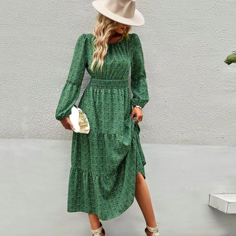 

Платье-миди ТРАПЕЦИЕВИДНОЕ с круглым вырезом, длинными рукавами-фонариками и высокой талией