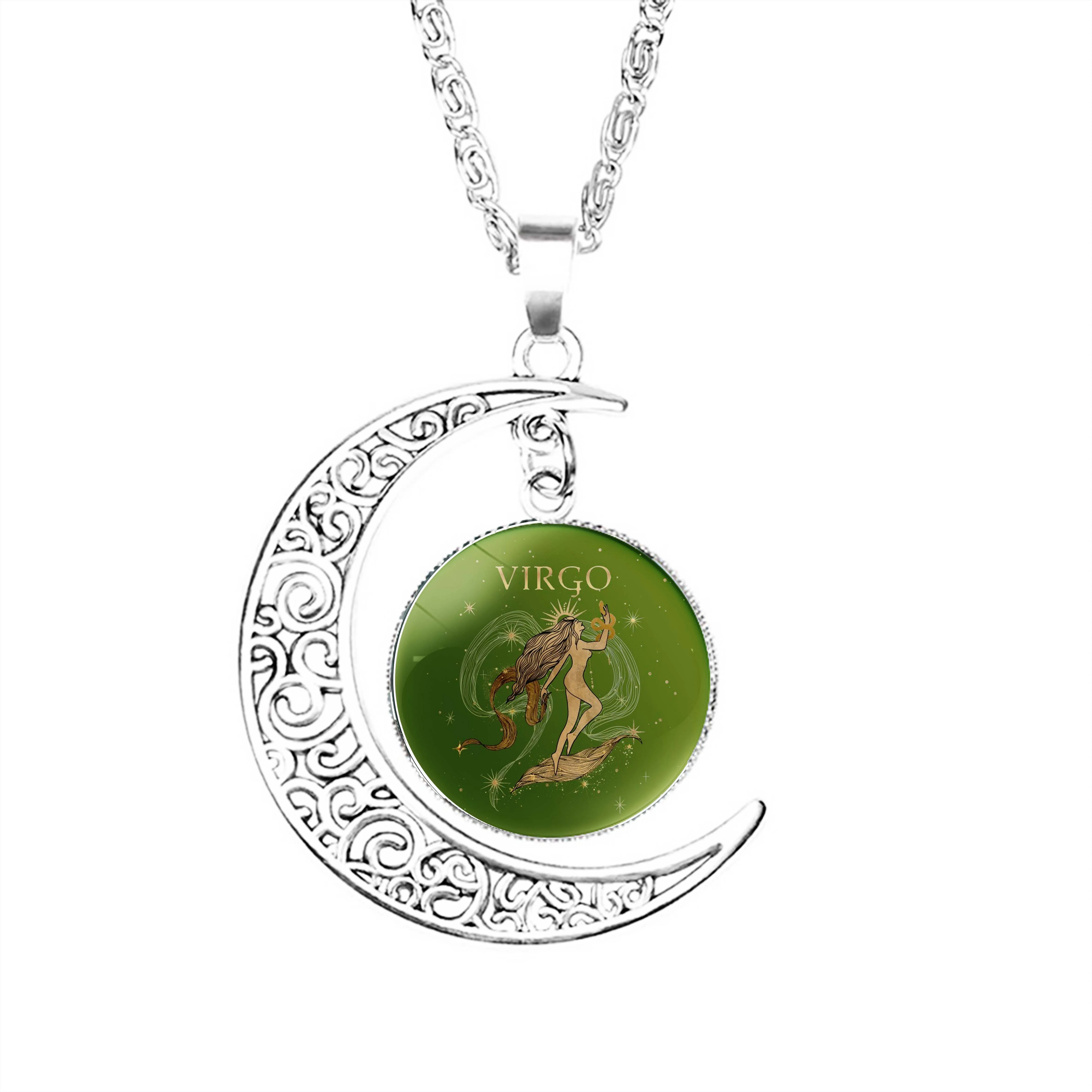 

Virgo Zodiac Woman Moon Necklace Jewelry Stainless Steel Glass Jewelry Lady Accessories Party Boy Lovers Men Charm Pendant Dome
