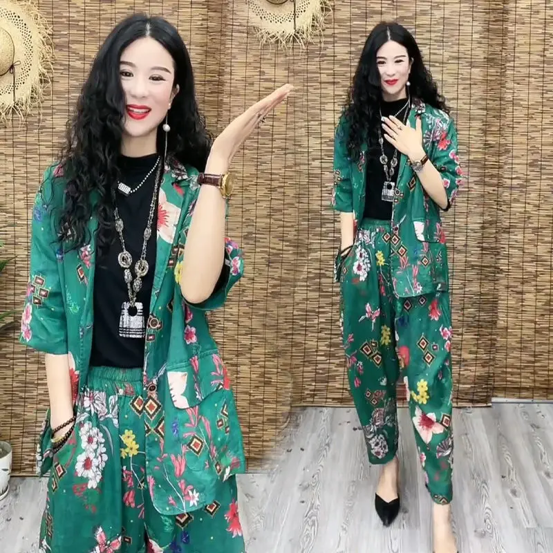 Summer Suit 2022 New Korean Elegant Women's Pants Suit Medium Sleeve Printed Coat Harlan Trousers Suit Two-Piece Set