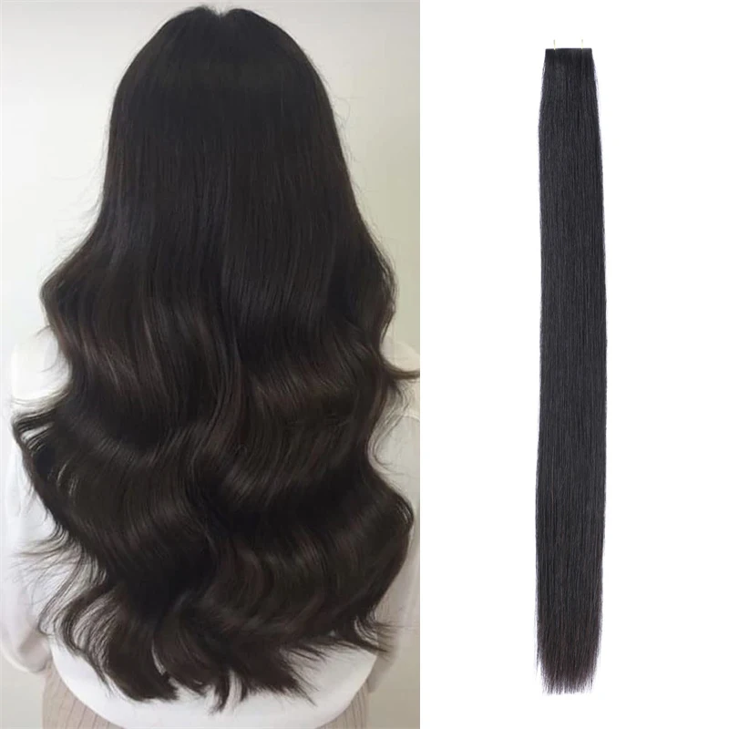 Jet Black Real Human Hair Tape in Hair Extensions Natural Silky Straight Seamless Skin Weft Tape in Hair Extensions For Women