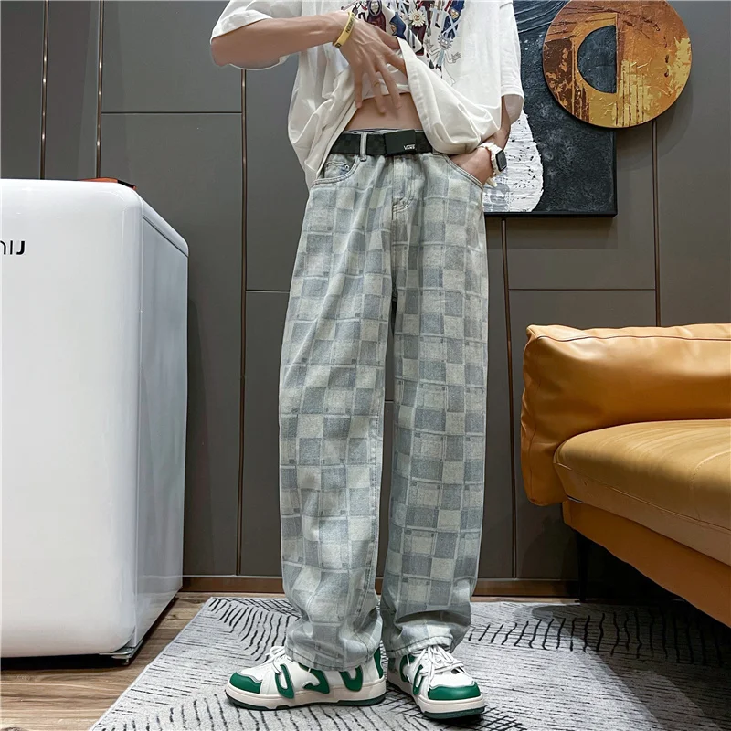 

Blue Black Plaid Jeans Men Fashion Casual Baggy Wide Leg Jeans Men Streetwear Loose Hip Hop Straight Denim Pants Mens Trousers