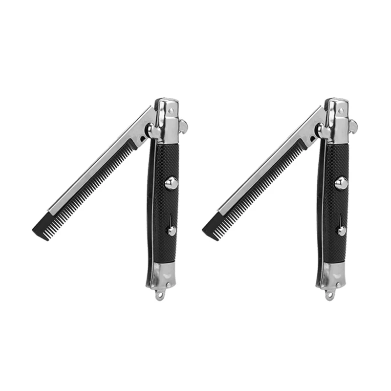 

2X Stainless Steel Hair Folding Beard Comb Hairstyling Tools Switch Combo Pocket Long Round Handle Hair Comb