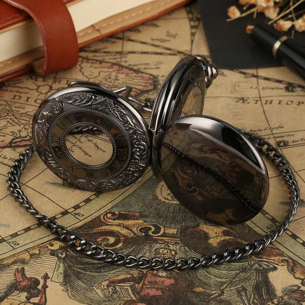 Black Roman Numerals Double Cover Manual Mechanical Pocket Watch Exquisite Round Dial Antique Pendant Pocket Timepiece Male