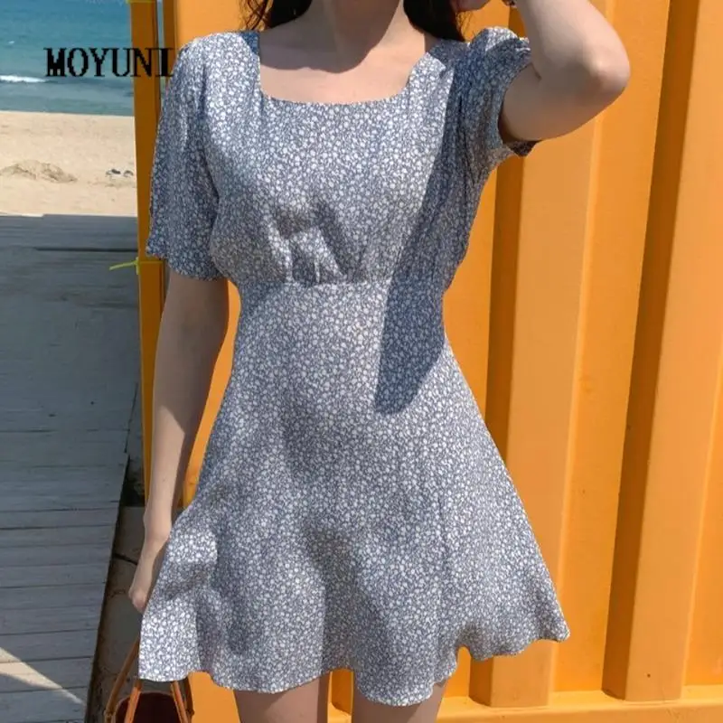 

Женское шифоновое мини-платье на завязках, повседневное шифоновое платье с квадратным вырезом и коротким рукавом, с цветочным принтом, лето