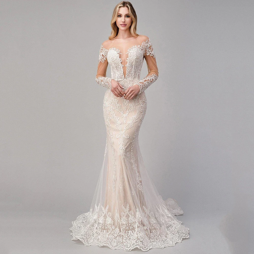 

Glamorous Light Champagne Backless Mermaid Wedding Dresses Scoop Neck Sweep Train Tulle Long Sleeves Bridal Gowns High Quality
