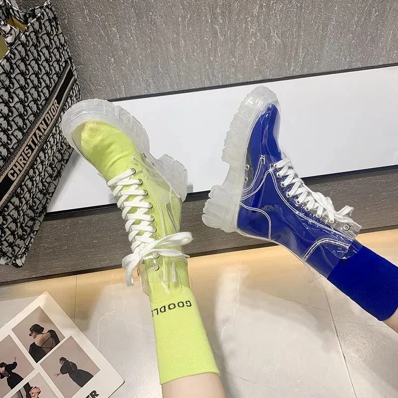 Ботинки женские непромокаемые на прозрачной платформе полусапожки прозрачном