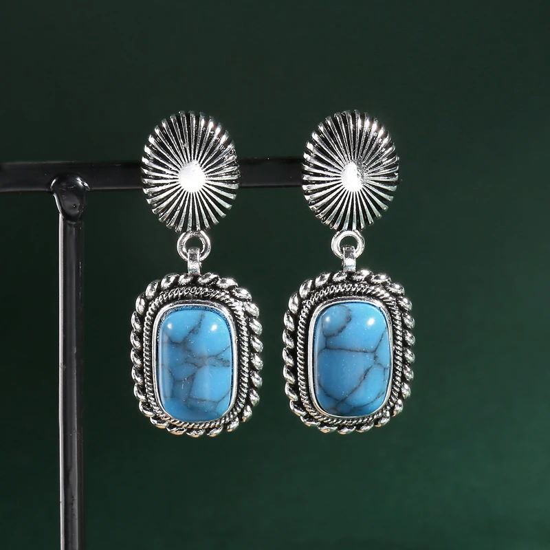 

European and American Retro Large Drop-shaped Blue Stone Drop Earrings New American Harajuku Ethnic Style Exaggerated Earrings