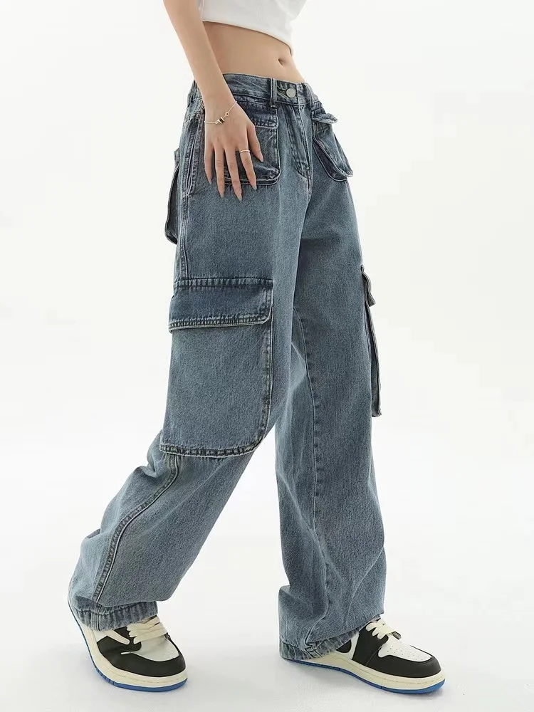 ADAgirl Blue Women Cargo Pants Y2k Vintage Oversize Low Waist Ladies Jeans 90s Streetwear Hip Hop Straight Causal Bottoms 2023