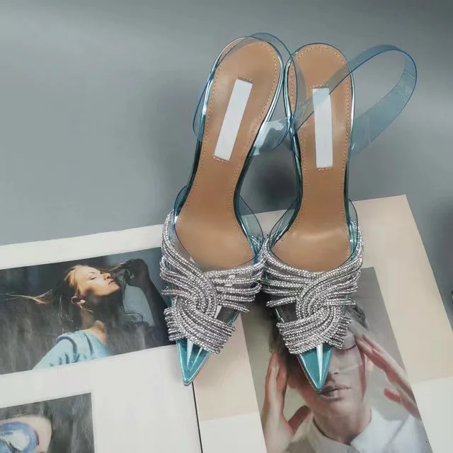 

Rhinestones Pointed Toe Women Sandals New Female Transparent Thin High Party Shoes Ladies Sexy Pu Leather Shallow Footwear 2022