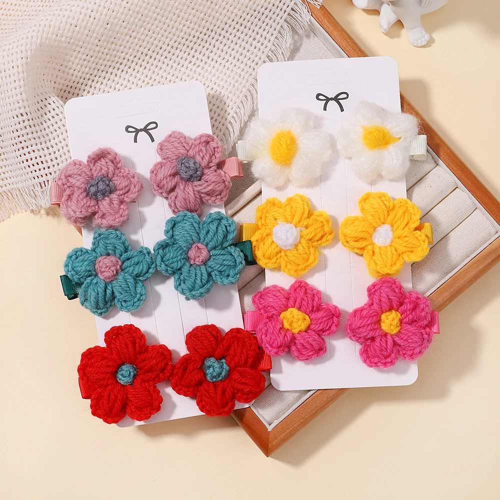 

6pcs/set Flower Hairclips for Girls Wool Knitting Headwear Handmade Crochet Small Puff Hairgripes Kids Hairpins Hair Accessory