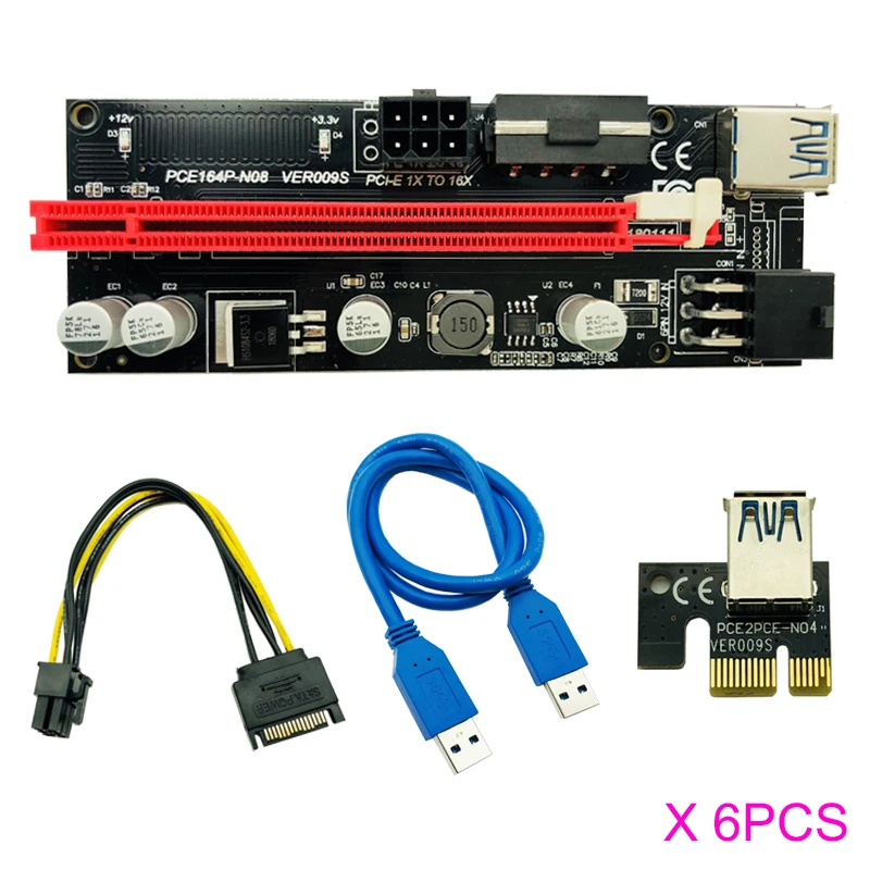 

6 шт. новейший Ver009 Usb 3.0 Pci-E Райзер Ver 009S Экспресс 1X 4X 8X 16X Райзер адаптер карта Sata 15 контактов на 6 контактов кабель питания