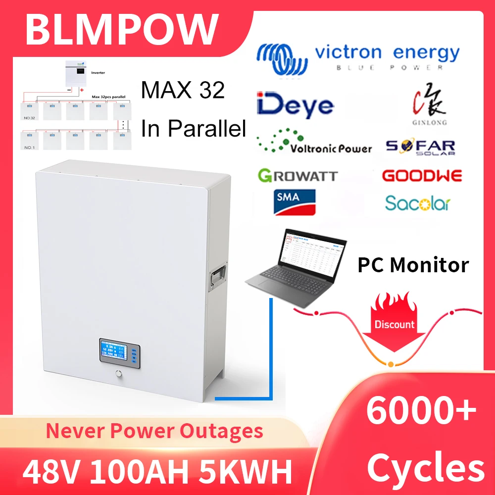 

48V Powerwall 100AH 200AH LiFePO4 Battery Pack 5KWH 10KWH 32 Parellel 6000+ Cycle PC Monitor CAN/RS485 For Home Solar System