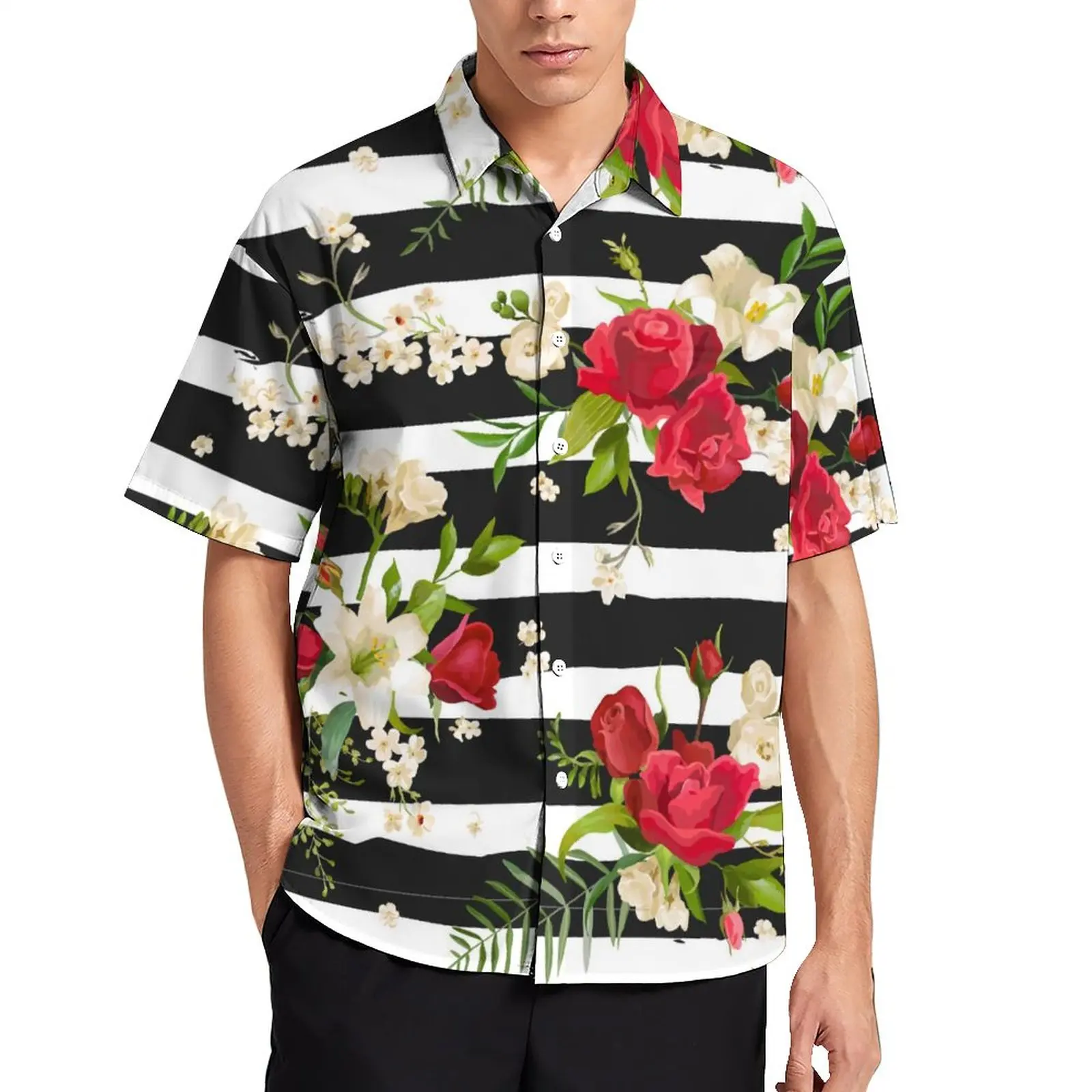 

Floral Trendy Loose Shirt Men Beach Black And White Stripes Casual Shirts Hawaii Graphic Short Sleeve Vintage Oversized Blouses