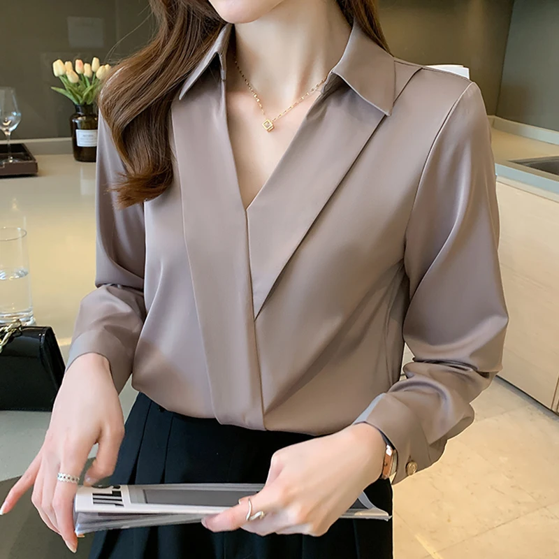 

Sexy V-Neck Blouse Women Long Sleeve Shirt Pullover Chiffon Tops For Ladies 2022 Solid Office Lady Clothes Spring Busas Mujer