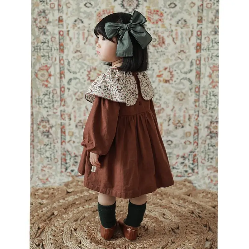 

Girls Dress Autumn New Korean Baby Lantern Sleeve Floral Turn-down Collar Princess Dresses Fashion Casual Children Clothing