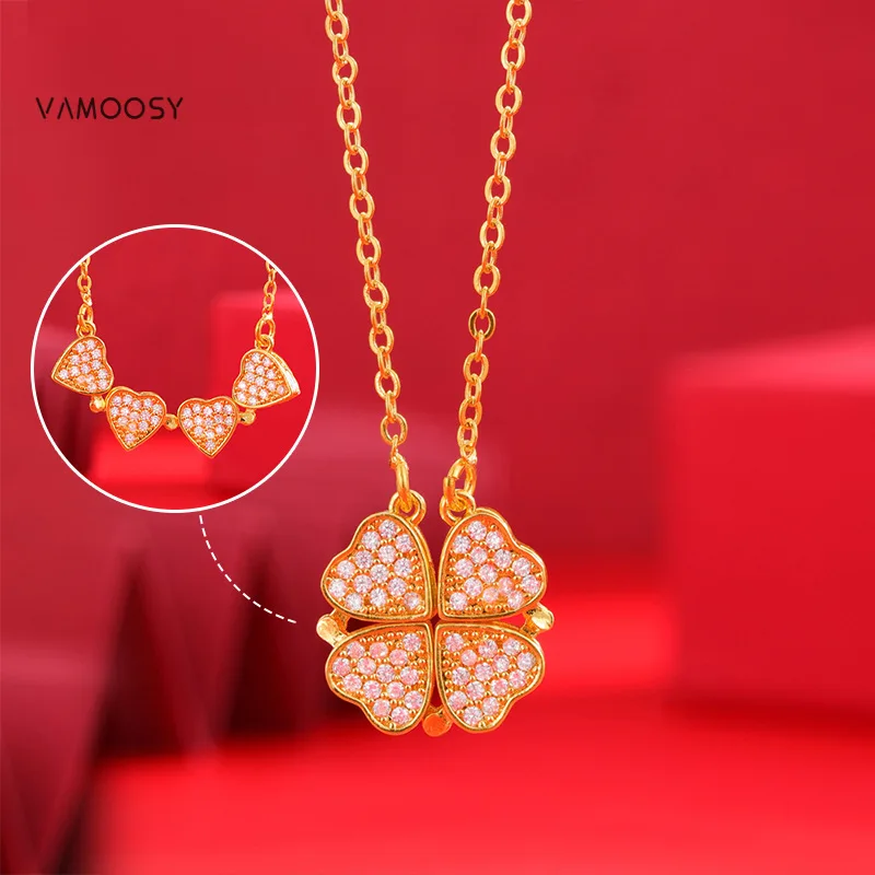 Dainty Gold Color Necklaces for Women Trendy Folding Collar Chains Clover Austrian AAA+ Zircon Pendant Choker Mothers Gifts