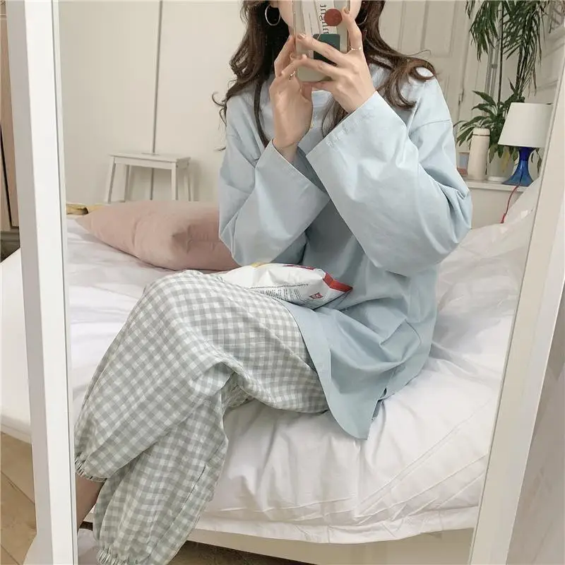 

QWEEK Cotton Sleep Tops Women's Pajamas Plaid Pant Sleepwear Korean Home Suit Female Set Woman 2 Pieces Pijama Pyjamas Loungwear