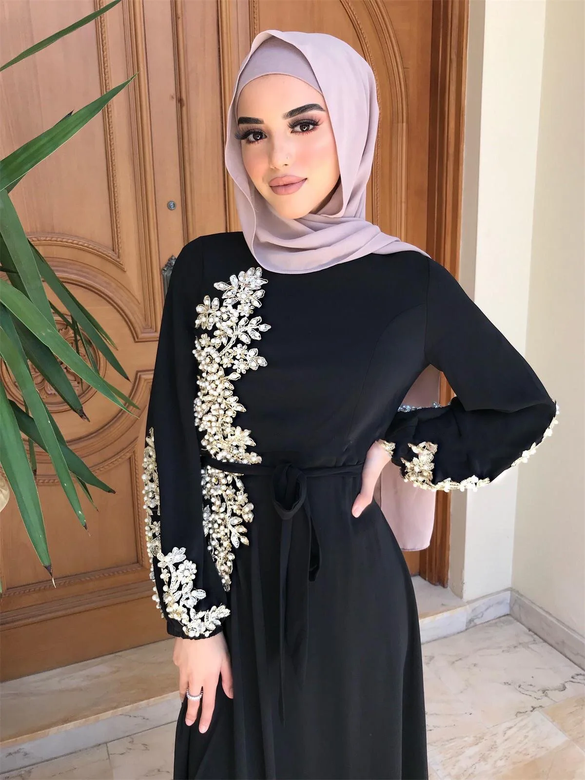 Women's New Handmade Pearl Flower Prayers Muslim Turkish Indian Abaya Arab Islamic Women Moroccan Kraftan Dress Ramadan