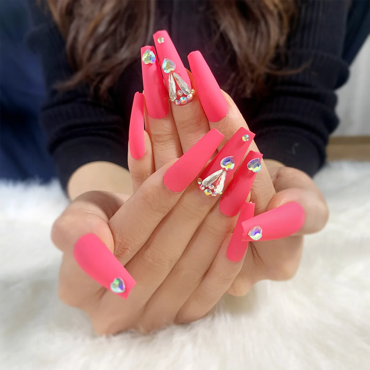 

Free Shipping 24pcs Reusable Adhesive False Nails Art Gyaru Gradient Easy Wear Diamons White Side Manicure Long 1 Dollar Item