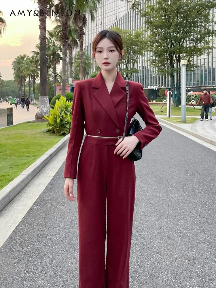 Офисный женский красный костюм с высокой талией осенне-зимний новый пригородный