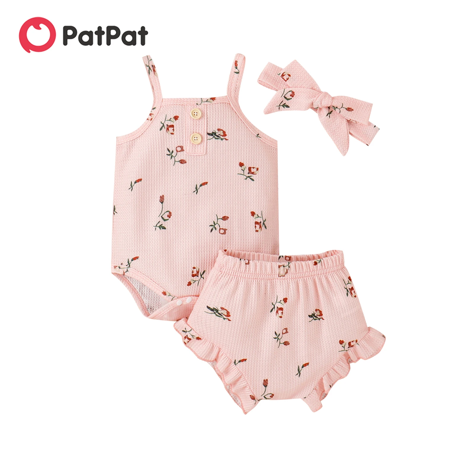 

PatPat 3pcs Baby Girl Allover Floral Print Waffle Textured Cami Romper and Frill Trim Shorts & Headband Set