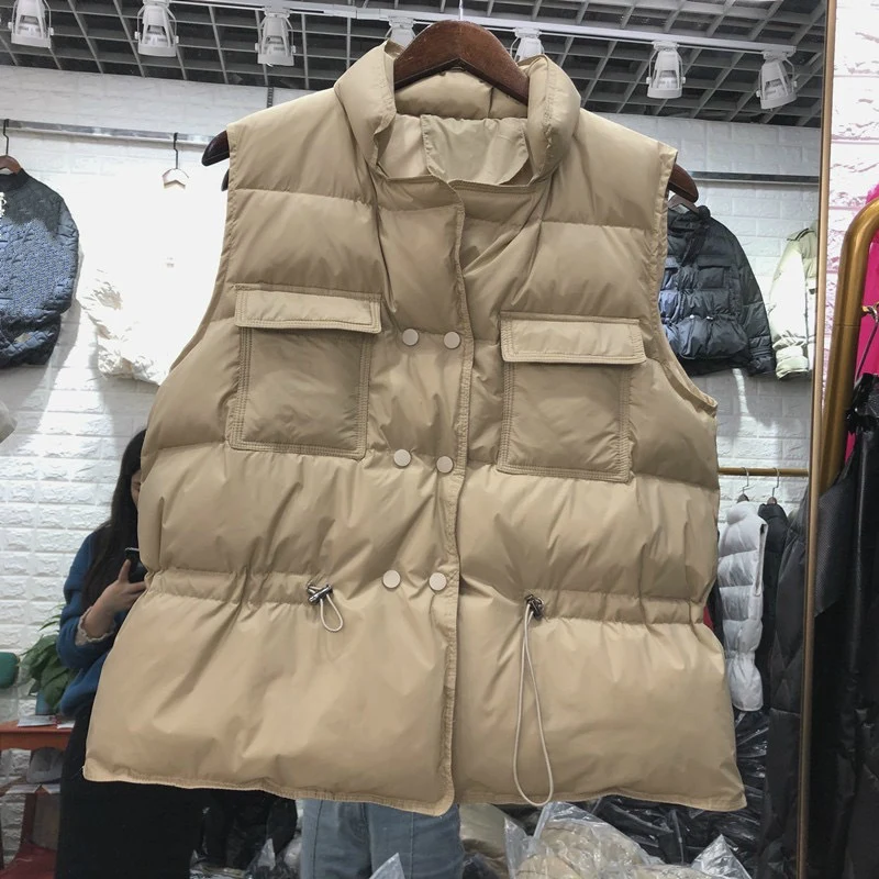 

Double Breasted Warm Puffy Duck Down Jacket Girls Winter Sleeveless Vest Women Slim Ladies Drawstring Waisted Khaki Down Coat