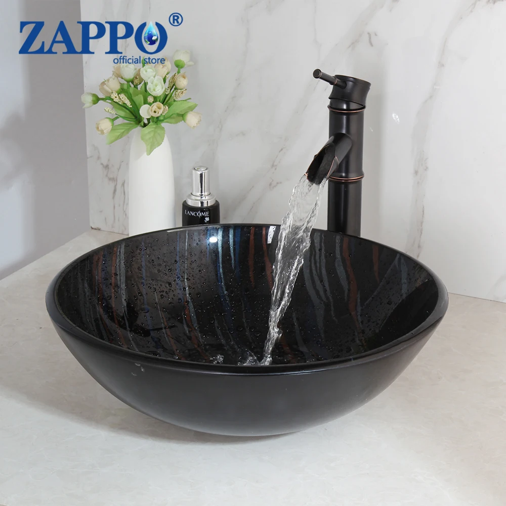 

ZAPPO Black Bathroom WashBasin Sink Round Glass Sinks Faucet ComboBathroom Glass Basin ORB Waterfall Mixer Tap Faucet Set