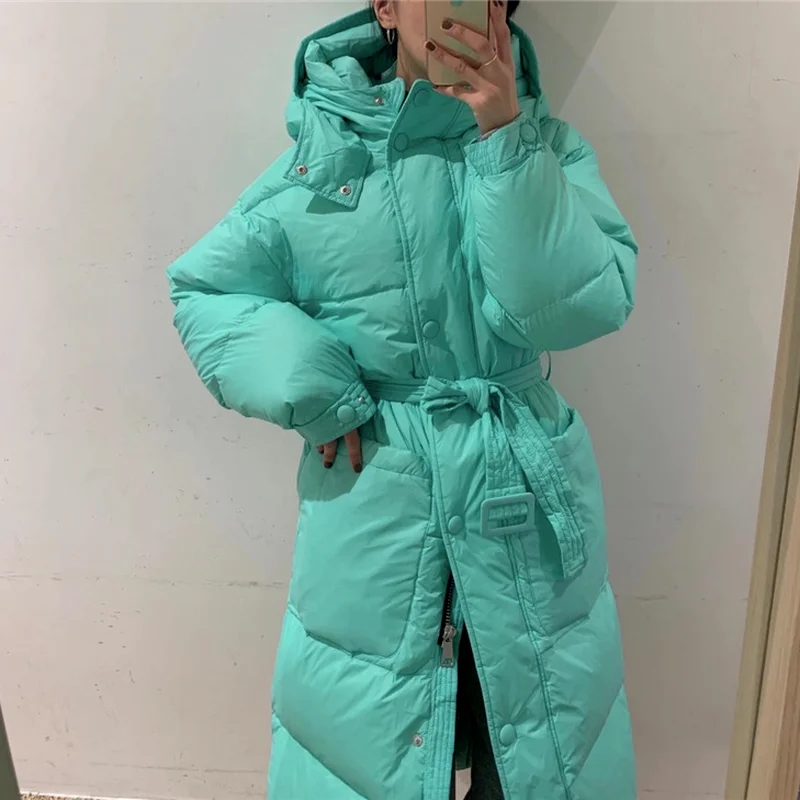 Women 2021 New Casual Waist Waist Hooded Bread Jacket Women Streetwear Korean Simple Belt Long Knee-length Straight Down Jacket