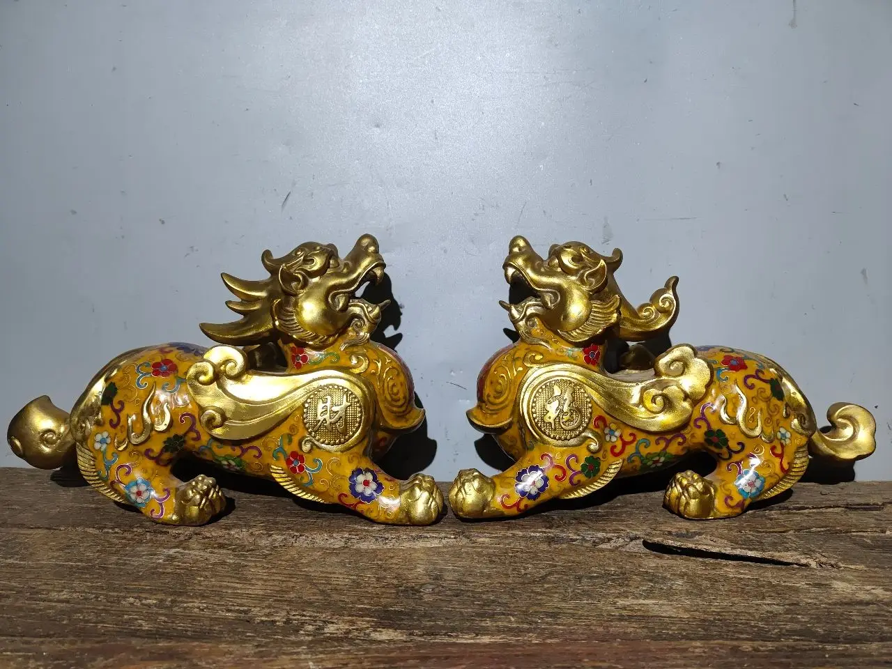 

12"Tibet Temple Collection Old Bronze Cloisonne Enamel Brave Troops Unicorn A pair Amass wealth Ornaments Town house Exorcism