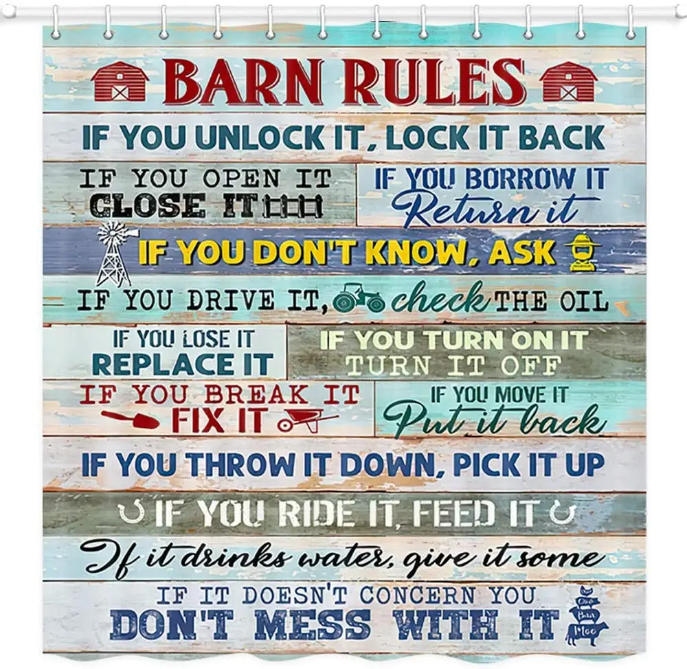 

Barn Rules Shower Curtain Barn House Inspirational Motivational Quotes Farmhouse Wooden Waterproof Bathroom Decor Bath Curtains