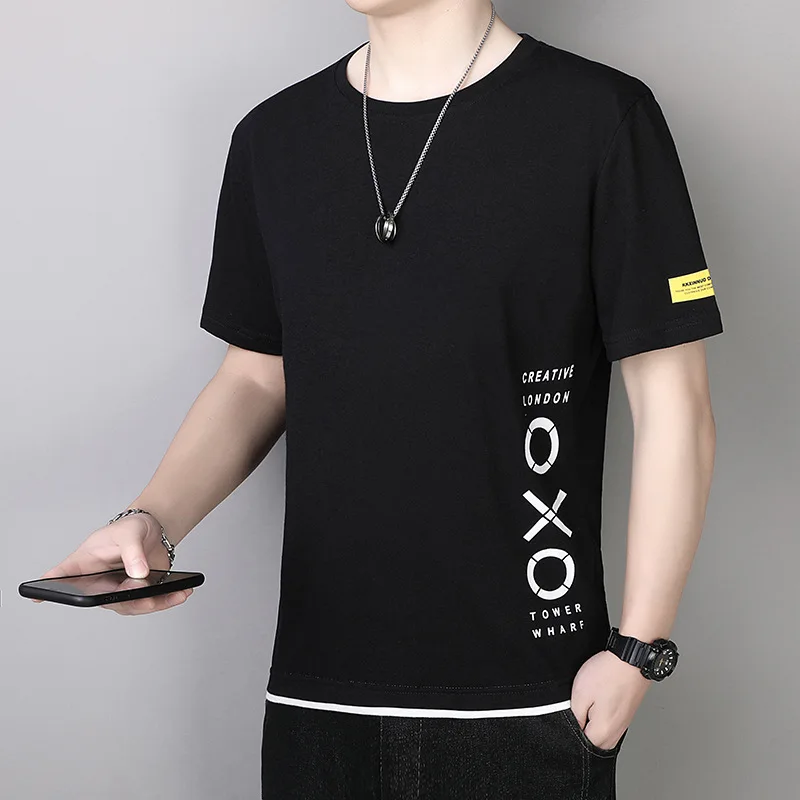 

Elmsk мужская летняя хлопковая свободная модная Универсальная футболка с принтом с открытыми плечами Молодежная дышащая впитывающая Пот футболка с круглым вырезом