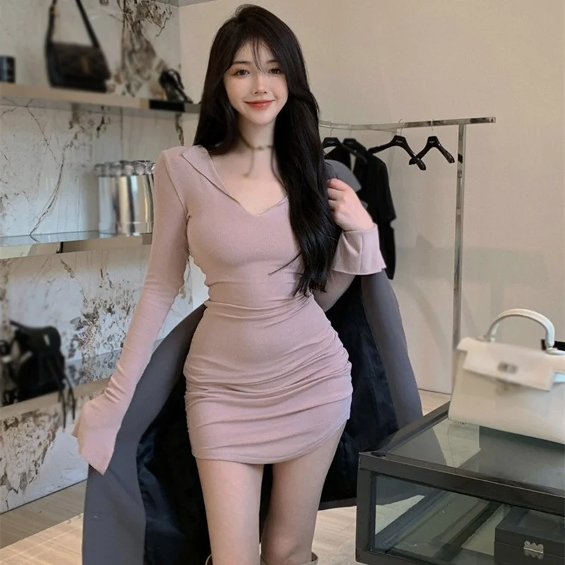 

Autumn V-neck Korean Dress Short Skirt Waist Solid Color Long Sleeves