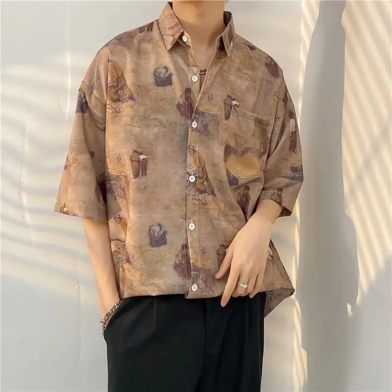 

Men's Top 2022 Short-sleeved Shirt Men's Summer Thin Section Casual Beach Style High-quality Plaid Striped Shirt Casual Ice Silk