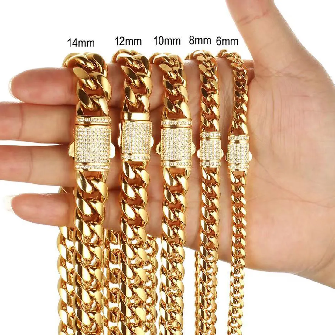 New Arrival 6mm-18mm Any Length 316L Stainless Steel Miami Curb Cuban Chain Necklace for Men & Women Gift Crystal Lock
