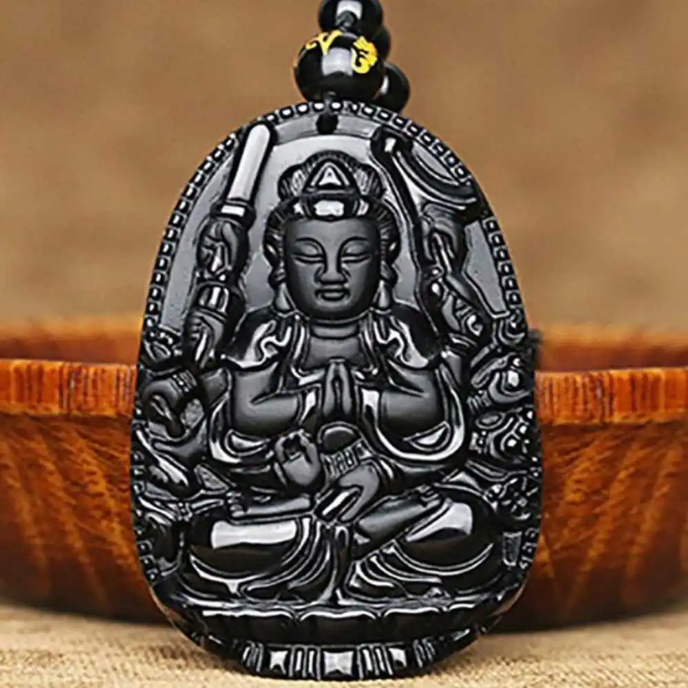 

Natural Obsidian Avalokitesvara Lucky Amulet Pendant +Chain Charm Crystal Amulet Necklace Beads Tibetan Unisex Dragon Wedding