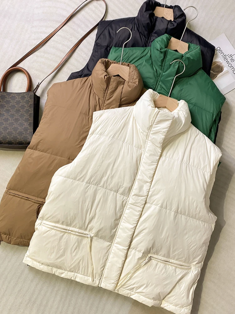 

Stand Collar Women Slim White Duck Down Vest Spring Autumn Female Zipper Solid Color Warm Down Waistcoat Outwear Tops