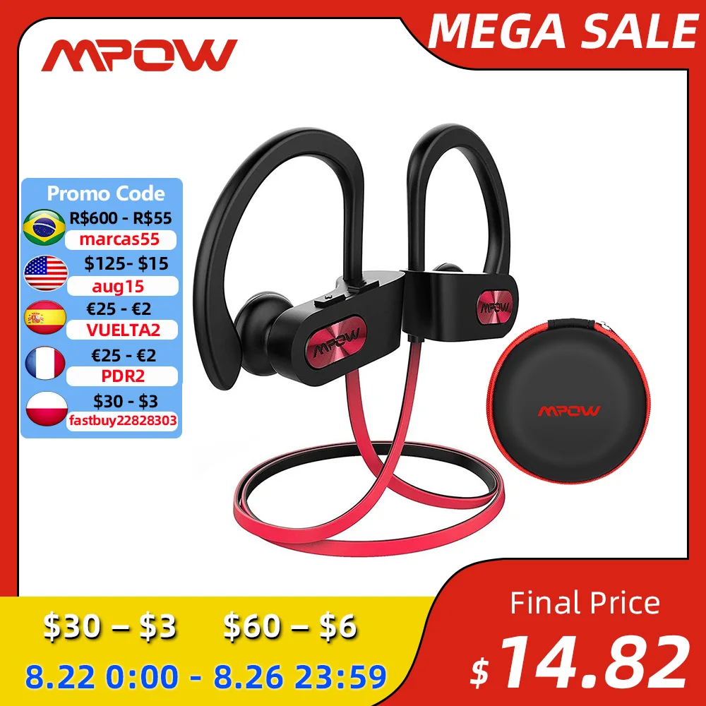 Mpow Flame IPX7 Waterproof Bluetooth Headphones V5.0 Earphone with CVC6.0 Noise Canceling Mic HiFi Stereo Wireless Sport Earbuds