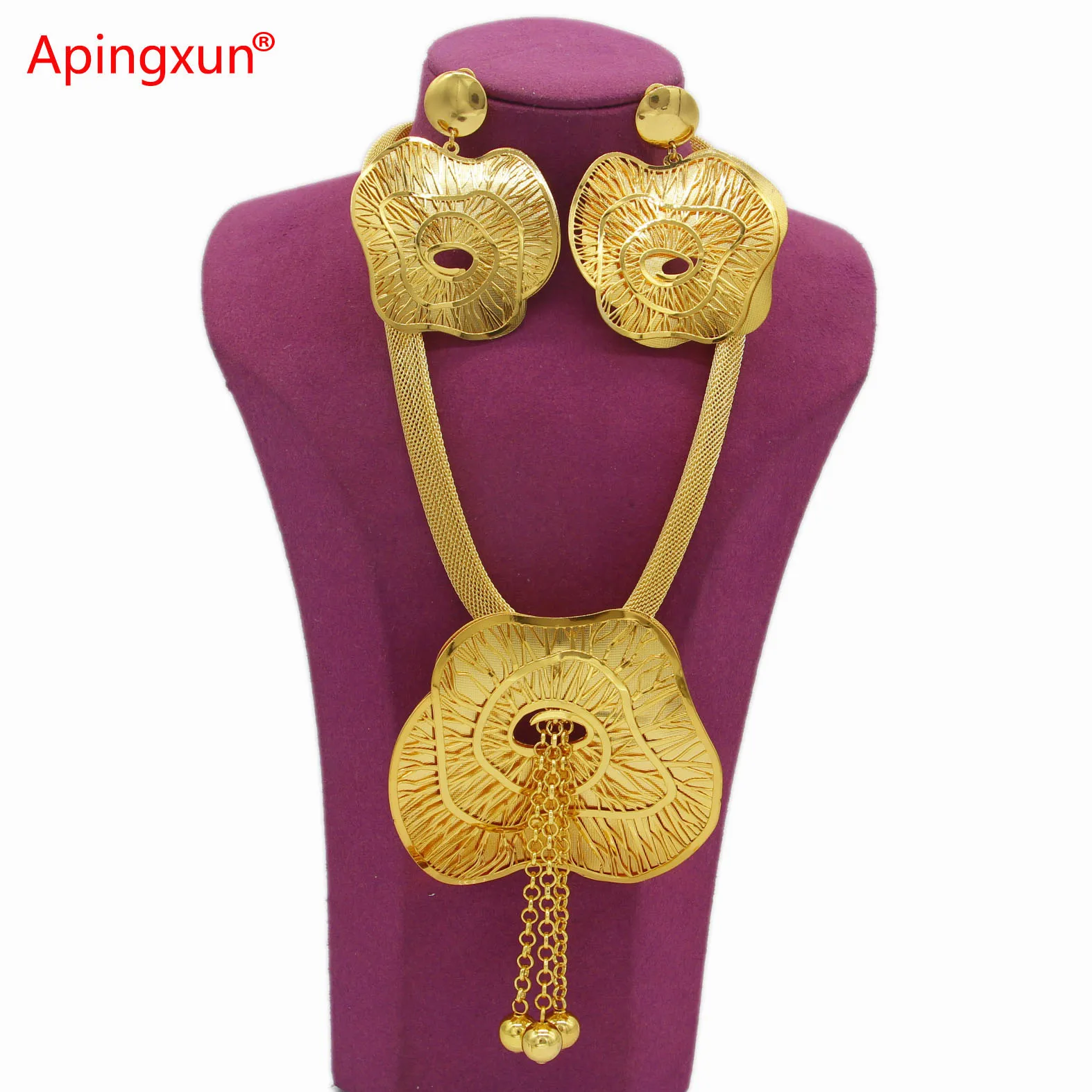 

Apingxun New Luxury Big Model Necklace&Earring Set Indian Gold Color/Copper African Ethiopian Women Bridal Wedding Charm Jewelry